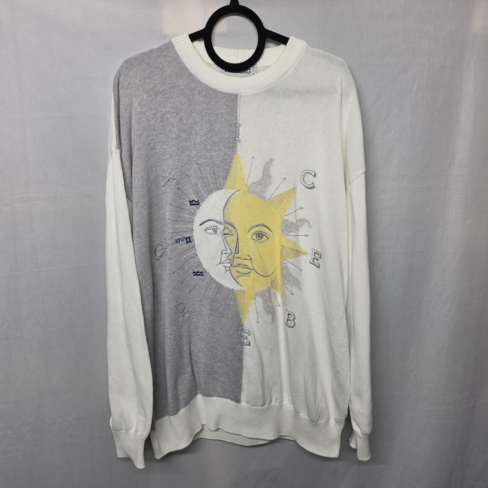 Vintage 90s Iceberg Sun & Moon Celestial Graphic Knit Sweater Color Block Rare
